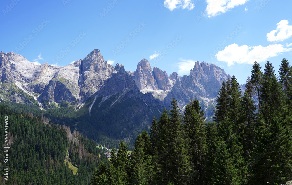 Panorama of Italian Dolomites. Grey huge rocks with green trees around and blue sky. Beautiful nature background.