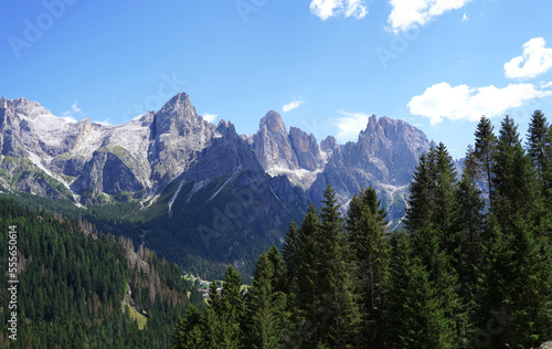 Panorama of Italian Dolomites. Grey huge rocks with green trees around and blue sky. Beautiful nature background.
