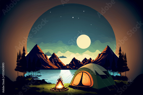 Camping, Trekking and Hiking Vector Illustration. Tourist Campsite, Tent and Bonfire at Wild Nature With Forest Lake and Mountains. Generative AI.