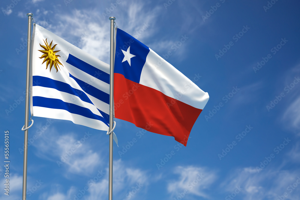 Oriental Republic of Uruguay and Republic of Chile Flags Over Blue Sky Background. 3D Illustration