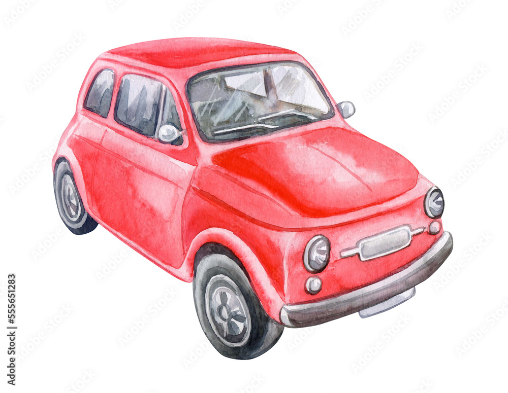 Watercolor car, hand painted illustration Isolated Red vintage retro car