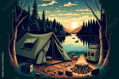 Camping, Trekking and Hiking Vector Illustration. Tourist Campsite, Tent and Bonfire at Wild Nature With Forest Lake and Mountains. Generative AI.