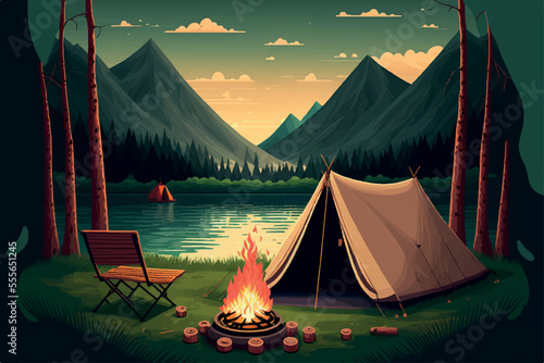 Camping, Trekking and Hiking Vector Illustration. Tourist Campsite, Tent and Bonfire at Wild Nature With Forest Lake and Mountains. Generative AI.