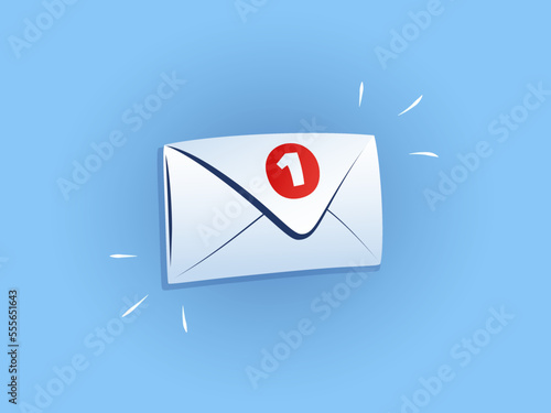 Fototapeta Naklejka Na Ścianę i Meble -  Email notification icon on a blue background with the number one. Closed mail envelope icon. Unopened or unread notification. Icon vector for web, messages and messages for computers.