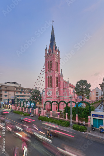Beautiful evening at Tan Dinh parish church or Church of the Sacred Heart of Jesus is a church located in Ho Chi Minh City. Selective focus. Travel concept