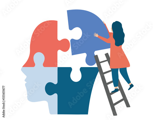 Psychotherapist woman connecting jigsaw pieces of a head together. Illustration to support and assist people with mental illness. Concept of brainstorming, creativity and psychology therapy. 
