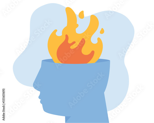 Human mood scale. Head on fire carrying accumulate stress and emotional overload about to get hysteria or burnout. Illustration of daily pressure. Mental health disorder or illness concept.
