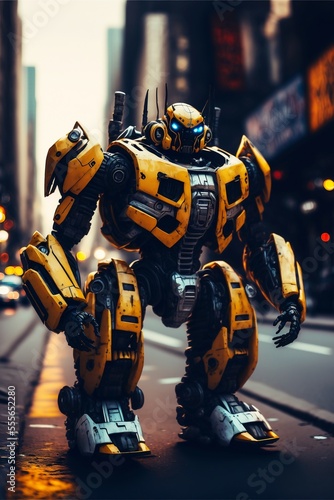 A yellow robot on city street digital art