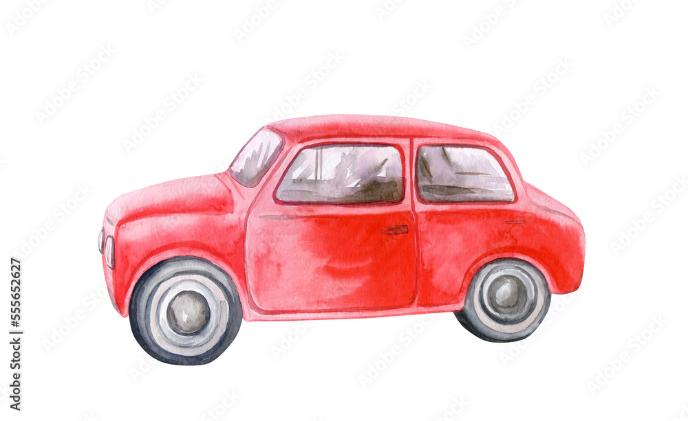 Watercolor car auto hand painted illustration Isolated Red vintage retro car