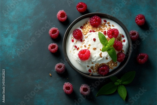 AI art,Greek yogurt with raspberries and granola