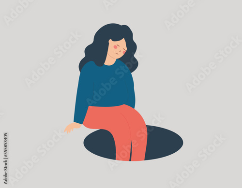 Sad woman is apathy or powerless without motivation. Depressed girl sits on the edge of a hole and can't see any future prospects. Mental health disorder or illness concept. Vector illustration
