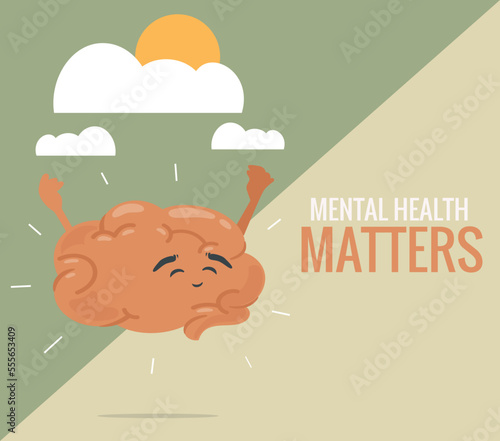 Happy brain doing meditation to relax. Mental health wellness balance and peace. Mental health matters and psychological harmony. Concept of Brain Meditation, mind focus and mental health well-being.