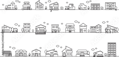 建物アイコンの街並みイラストセット（線）