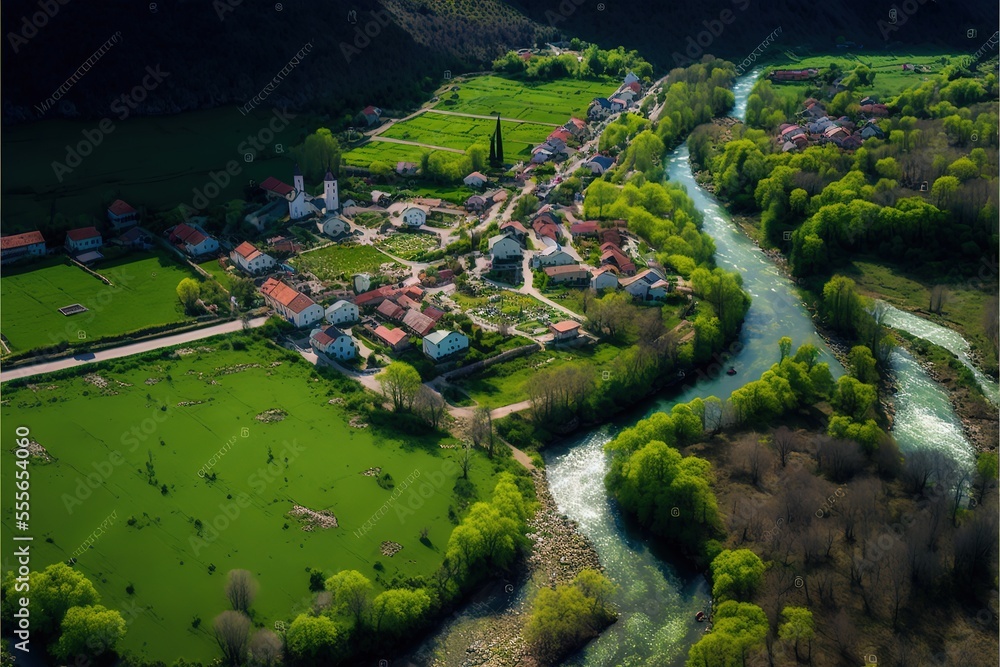 green countryside Mreznica river from air.. Generative AI