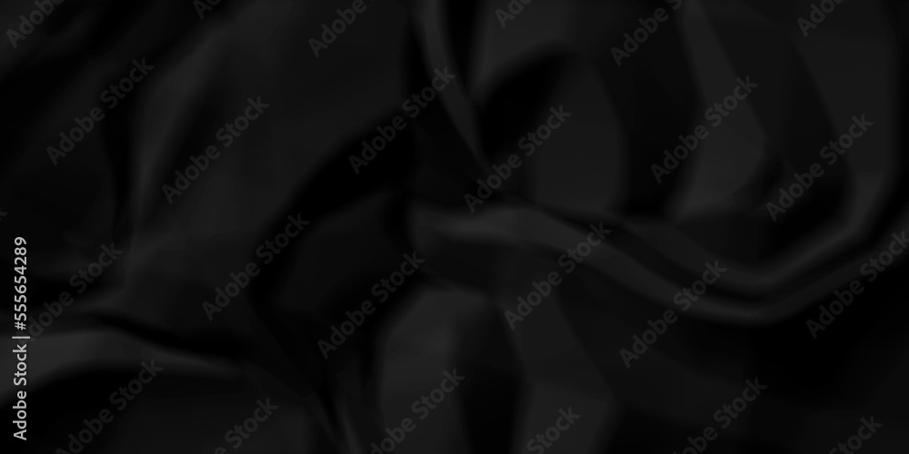 Dark Black facbric paper backdrop crumpled texture. dark black textured crumpled black paper background. panorama black paper texture background, crumpled pattern.