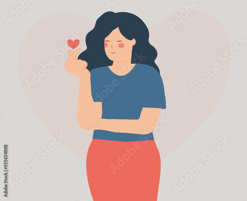 Happy young woman makes mini heart gesture in Korean style. Female character says hi or hello with hands. Asian girl crossed index and thumb fingers to show love and empathy. Vector illustration
