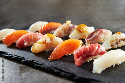 Different types of sushi on a plate 