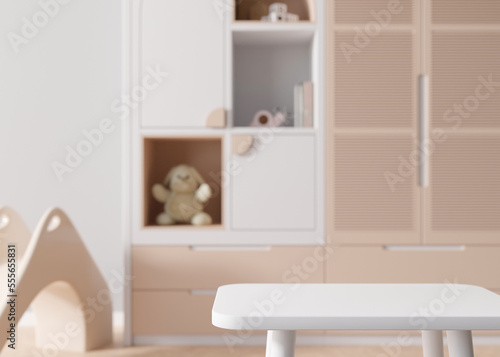 Empty white table top and blurred kids room interior on the background. Copy space for your object, product, toy presentation. Display, promotion, advertising. 3D rendering.