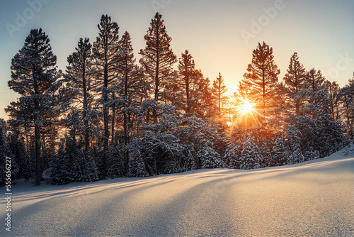 Beautiful winter landscape. Mountain range during morning light. Generative AI © XtravaganT