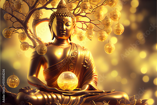 Leinwand Poster Golden  Buddha statue meditating with a crystal ball under a decorative Bodhi tr