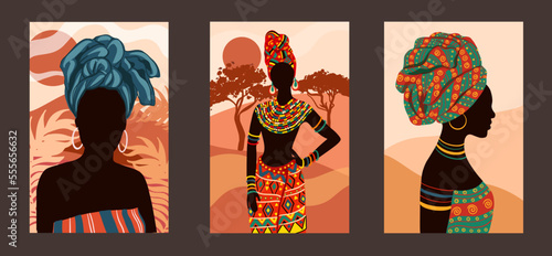 Posters with ethnic African women. Tribal boho style. Vector illustration