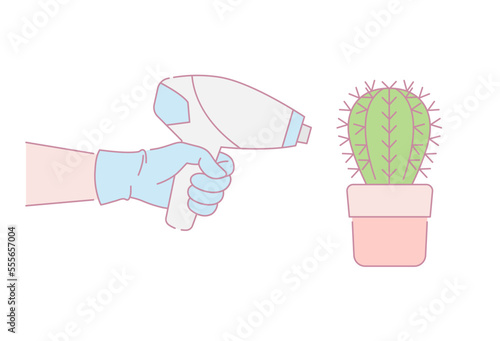 Hand wearing rubber gloves holding laser epilator doing cactus hair removal, laser epilation, idea concept. Vector design illustration.