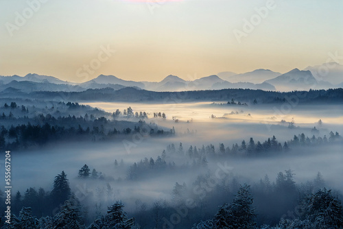 Early morning landscape. Foggy winter river. Designed using generative ai. © XtravaganT