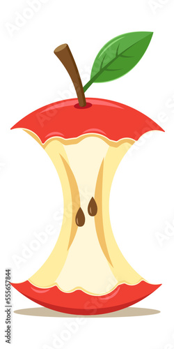 Red apple core with twig and green leaf