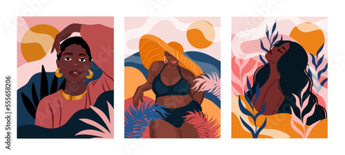 African American woman fashion portrait. trendy flat style. Black strong girl, vector illustration
