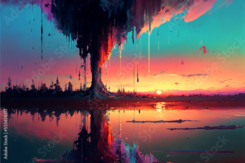 sunset paint dripping abstract digital art landscape ai-generated