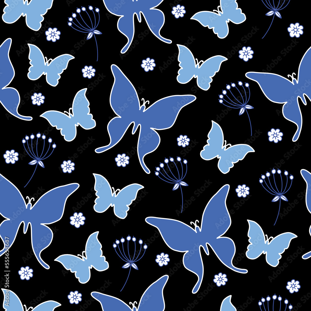 Fototapeta premium Luxury seamless pattern of daisy flowers and butterfly vector. Seamless spring floral pattern. Summer beautiful textile, rustic wallpaper, surface, illustration, garden fabric, wrapping paper design.