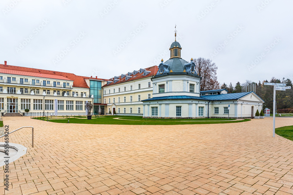 Blue Spa building (Royal Palace) in Turcianske Teplice, Historical spa buildings in Turcianske Teplice, Slovakia