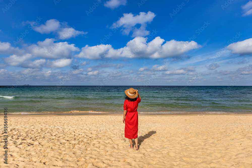 BEAUTIFUL WOMAN IN MAXI DRESS STANDING IN THE KY CO BEACH OF THE SEA, QUY NHON, BINH DINH, VIETNAM BEAUTIFUL WOMAN IN MAXI DRESS STANDING IN THE KY CO BEACH OF THE SEA, QUY NHON, BINH DINH, VIETNAM