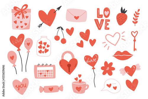 Valentine's day  elements set.Hearts, cup, flowers, kiss,and gift boxes.