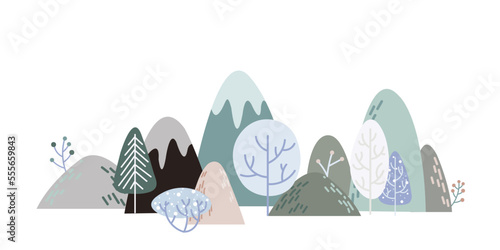 Vector composition with winter forest in mountains. Decorative illustration winter trees in flat style scandi minimalism and boho color. For design baby wallpaper, textile, fabric, postcard