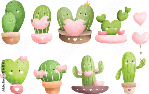 Watercolor Illustration Set of cute love cactus