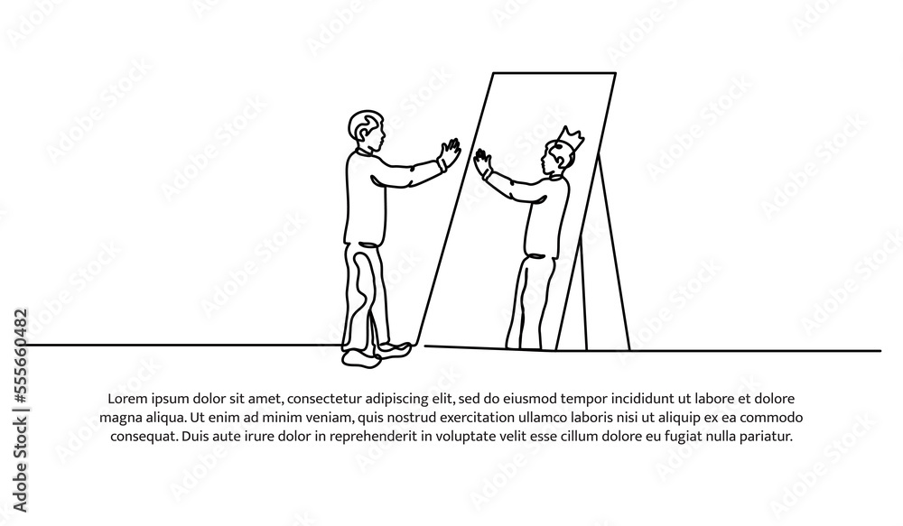 Continuous line design of man standing in front of mirror imagining himself successful. Decorative elements drawn on a white background.