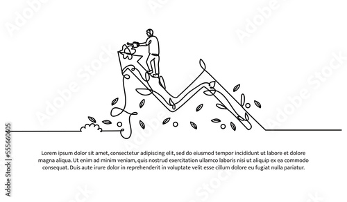 Continuous line design of man watering himself on growing arrows. Self development concept design. Decorative elements drawn on a white background.