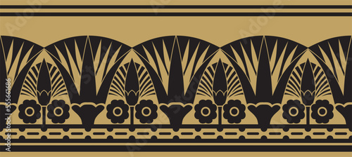 Vector golden seamless Egyptian border. Endless ornament of Ancient Africa. Pattern of lotus flowers and sun..