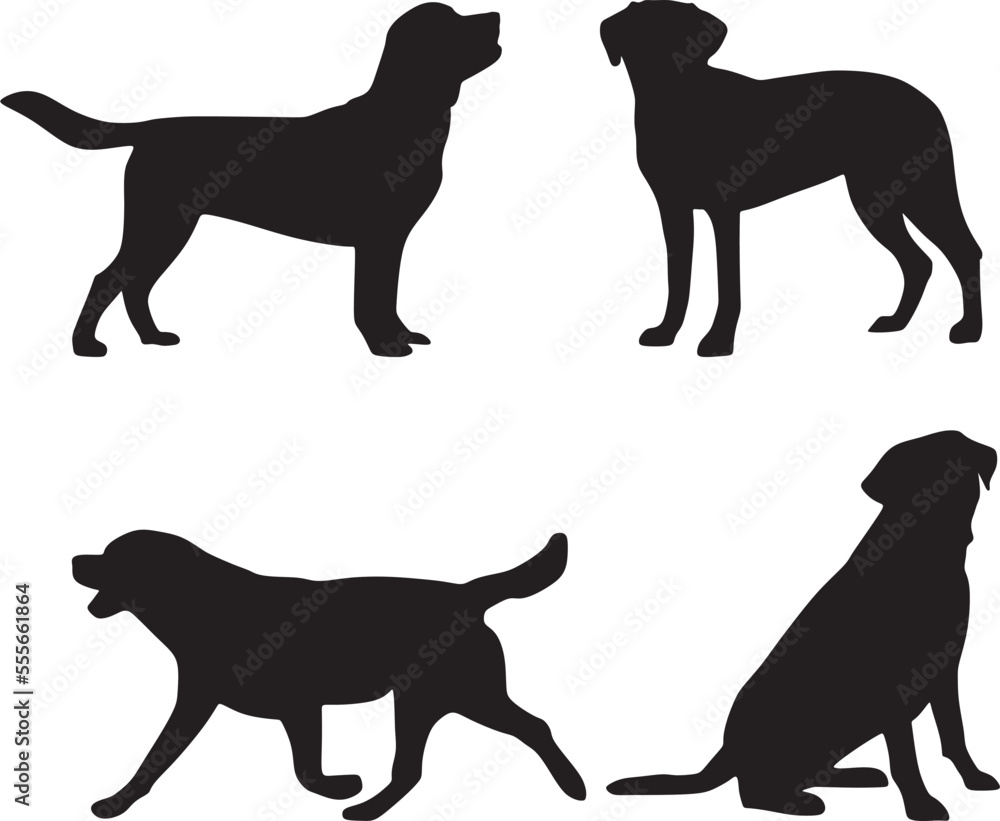 Vector set of labrador dog silhouettes. Shadows of pets, mammals.