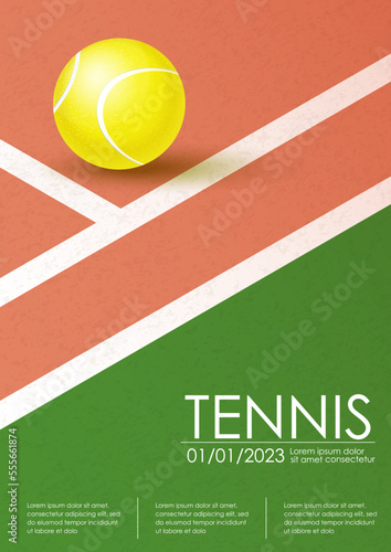 Tennis championship and tournament poster. Illustration for sports competition, lawn tennis championship. Ball on line. Tennis court and ball. Sports equipment. Vertical illustration for card, cover