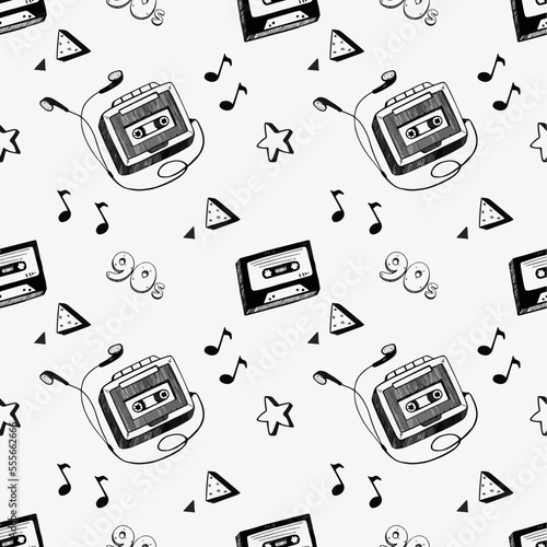Fotografija Cool 90s vibe music pattern with tapes, stars, vintage player, retro vibe, doodl