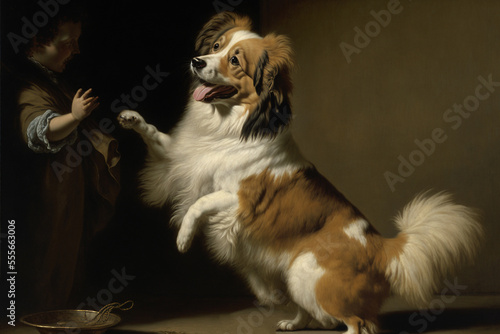 dog is depicted with a look of pure joy and excitement on its face. tail wags frantically as it sees its beloved master, hand extended in gesture of affection towards dog. dog's fur is well-groomed