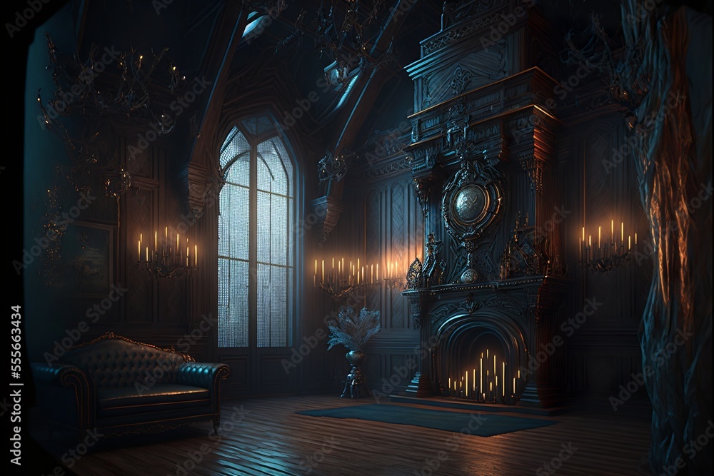 Dark Gothic mansion victorian living room interior with wooden wall