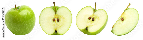Foto green apple, half and slice isolated, transparent png, collection, PNG format, cut out