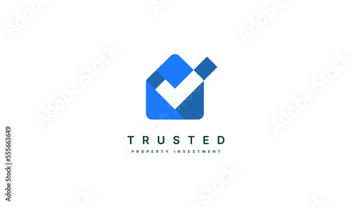 House with tick logo design. house with tick suitable for business and trusted property investment company logos. house with tick flat vector logo design template element.