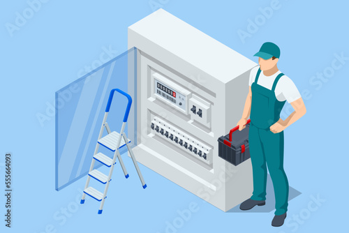 Isometric Electric switchboard. Transformer. Distribution board. Electrical technician doing electric work checking or repairing transformer substation. Electric Breaker Switchbox Electricity.
