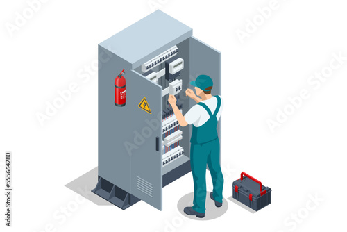 Isometric Electric switchboard. Transformer. Distribution board. Electrical technician doing electric work checking or repairing transformer substation. Electric Breaker Switchbox Electricity.