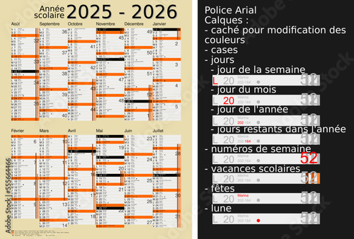 Calendrier scolaire 2025-2026, calques, vacances scolaires, Saints, 12 mois