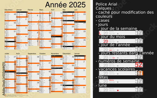 Calendrier 2025, calques, vacances scolaires, Saints, 14 mois